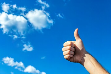 A hand giving a thumbs-up gesture against a blue sky with clouds.