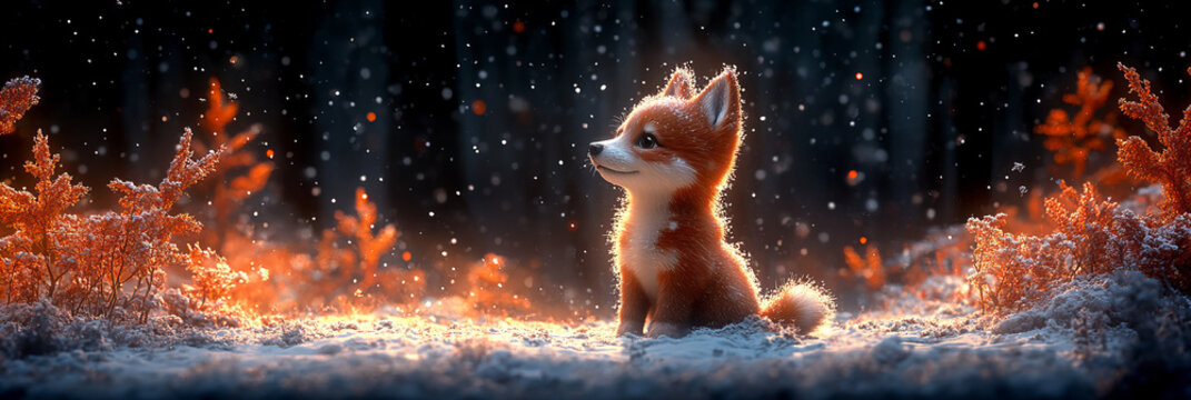Luminous Fox in Snowy Forest with Sparkling Light, Featuring Enchanting Art Style and Warm Colors in Magical Background, Serene Mood