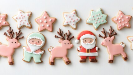Christmas cookies shaped like reindeer, Santa, and stars, ready to be shared