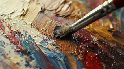 Fototapeta premium close-up of an artist's palette with a paintbrush, featuring a rich and textured oil painting background, symbolizing the artistry and creative process behind each stroke in soft lighting