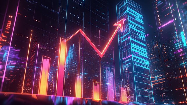 Futuristic digital city with glowing skyscrapers and a rising statistical graph, representing growth and progress in a high-tech environment.
