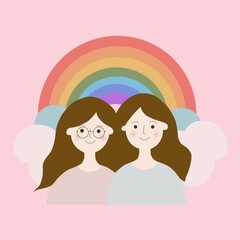 Charming illustration of two girls under a rainbow with a pink background, ideal for children's books, greeting cards, or playful design projects