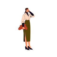 Stylish business woman in slit skirt communicates by smartphone. Businesswoman holds fashion bag in hand. Modern girl talks by phone call. Flat isolated vector illustration on white background