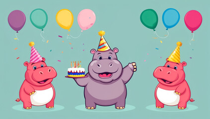 Fototapeta premium cute cartoon hippopotamus with cake, birthday flat design illustration
