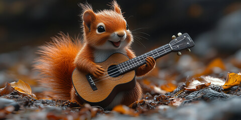 Obraz premium Lively illustration of a happy squirrel playing a ukulele, set amidst fallen leaves, imparting a cheerful and musical vibe