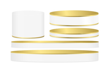 Set of 3D cylinder white and gold round podiums isolated on a white background. Two-layered platforms in white and gold for product display presentation. Vector Illustration. 