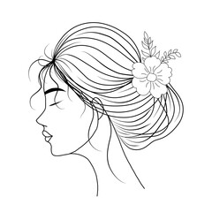 A beautiful minimalist line art illustration of a woman in profile with a flower in her hair, showcasing elegance and simplicity. Ideal for wall art, prints, fashion designs, beauty-related products