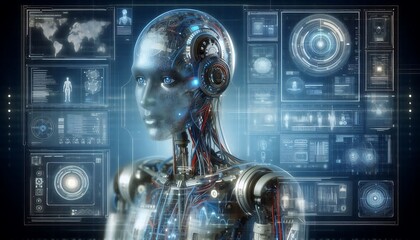 Futuristic AI robot with blue glowing eyes and a translucent head.