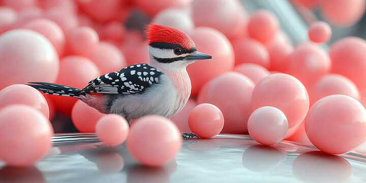 Colorful woodpecker resting among pink balloons, with a dreamy and vibrant atmosphere, showcasing bright colors and whimsical mood - Powered by Adobe