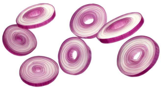 Red onion rings isolated on white background