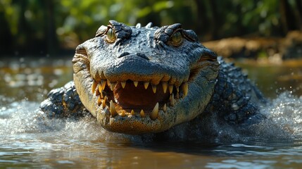 Obraz premium A crocodile emerging from the water, its powerful jaws visible, with a blurred pond and natural surroundings in the background