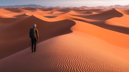 Fototapeta premium A lone hiker in a vast desert landscape..