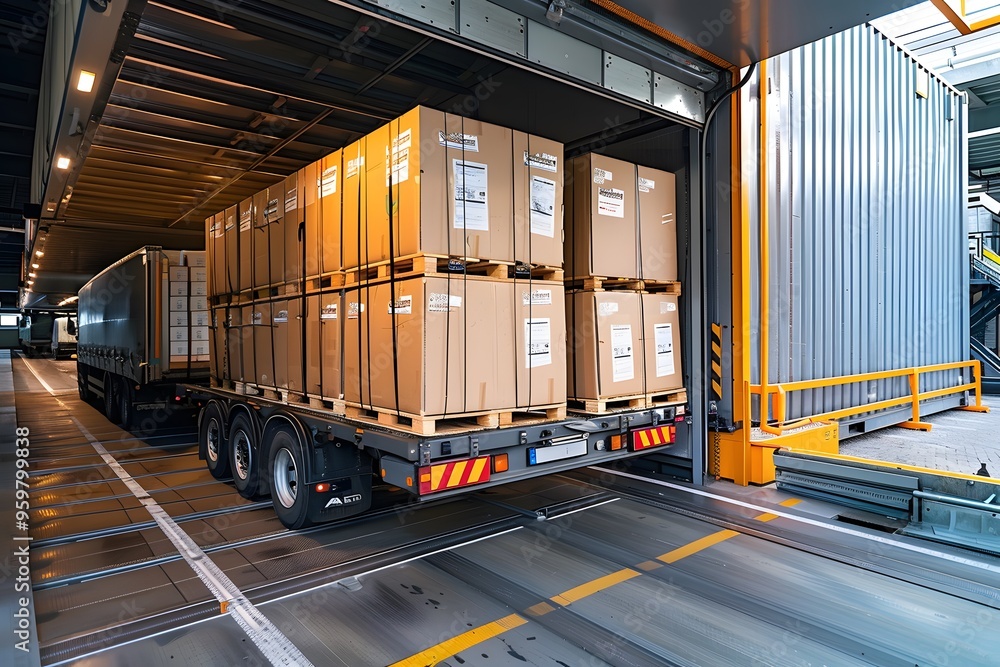 Poster efficient loading dock with palletized cargo ready for shipment