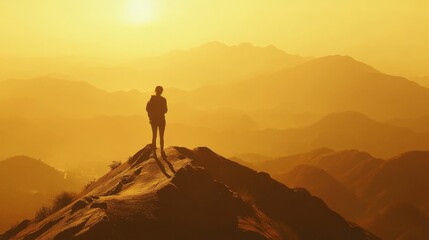 Silhouette of a Hiker on a Mountaintop at Sunrise.