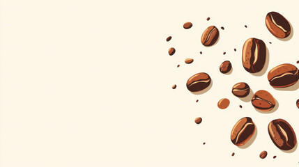 Obraz premium Fresh coffee beans scattered on light background, showcasing their rich texture and color, perfect for coffee lovers.