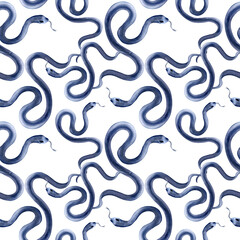 Black snakes watercolor seamless pattern isolated on white. Animal print of dark blue snake viper on monochrome repeated background hand drawn for gothic designs, textile, wallpapers.