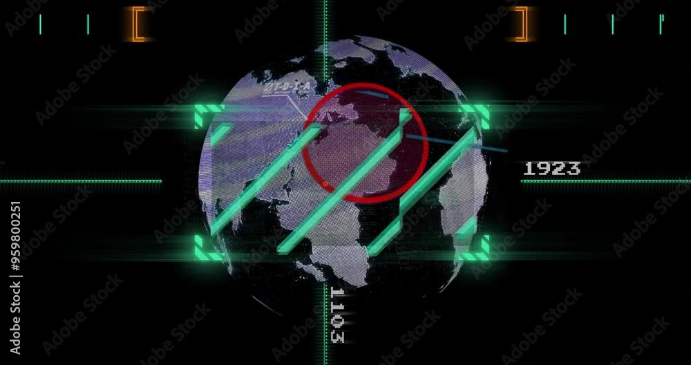 Poster targeting animation over rotating globe with coordinates and red circle