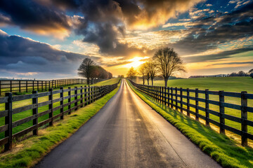 Fototapeta premium A road with a fence on both sides and a sun setting in the background