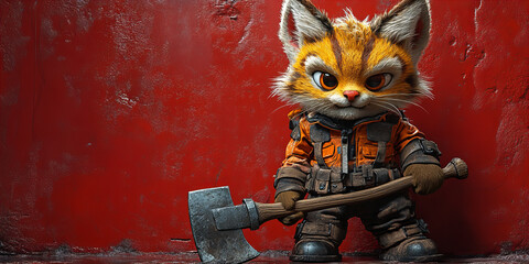 Fearless Cat Holding Axe in Orange Jumpsuit Against Bold Red Background Evoking Strong and Adventurous Mood in Cartoon Style