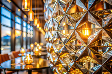 Fototapeta premium A restaurant with a large, shiny, and reflective wall. The wall is covered in a pattern of triangles and squares. The room is filled with tables and chairs. The atmosphere is warm and inviting