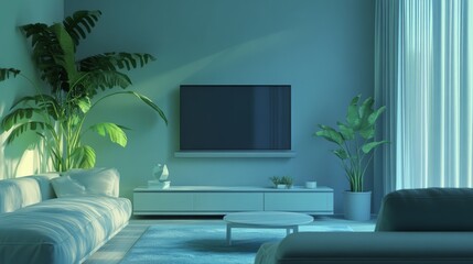 Futuristic Living Room with Floating TV and Smart Modular Furniture in Whimsical 3D Concept