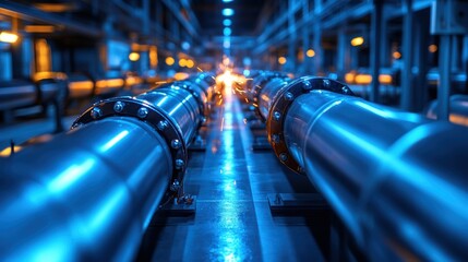 Fototapeta premium A dramatic view of large gas pipelines being welded by professionals, with intense sparks lighting up the industrial environment, showcasing the energy and focus of the workers