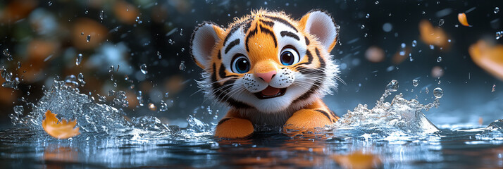 Playful tiger cub splashing in vibrant water with joyful expression, autumn leaves floating, dark background, whimsical and cheerful atmosphere