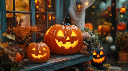 Illuminated Jack O Lantern Pumpkins on Rustic Porch for Halloween