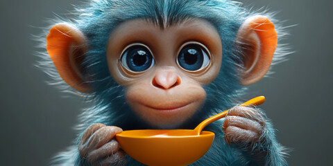 Charming Blue Monkey With Orange Ears Holding Bowl in Minimalistic Gray Background Setting Emanating a Soft, Cheerful Mood