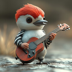 Playful Woodpecker With A Guitar in Nature Setting, Illustrating a Blend of Realism and Whimsy with Soft, Warm Colors