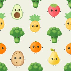 Seamless pattern with funny and happy kawaii fruit, Summer tropical healthy food, Cute childish background,  Seamless Pattern Kawaii Fruit