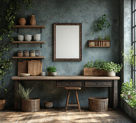 A 3D render of a farmhouse kitchen interior background with a frame mockup, perfect for home decor or digital mockup photography templates.