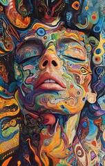 32. **Vivid portrait with a human face surrounded by swirling, energetic patterns and colors**
