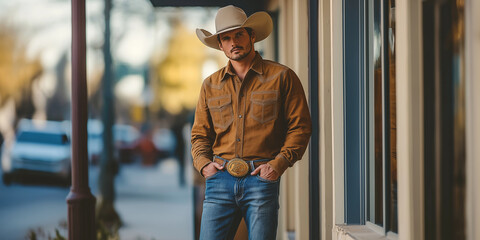 A man in a cowboy hat and a brown shirt stands on a sidewalk. He is wearing blue jeans and a belt