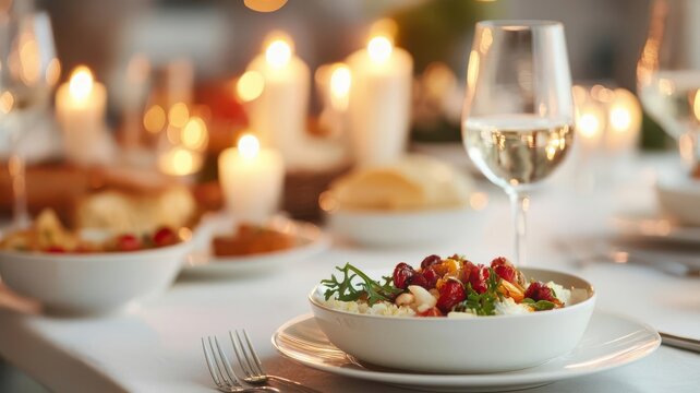 Elegant dinner party with candlelight and fine dining, sophisticated social event