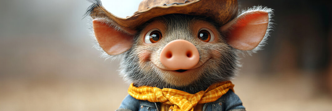 Charming Piglet in Cowboy Hat and Bandana Embracing the Open Country with Rustic Outfit in a Peaceful Rural Setting