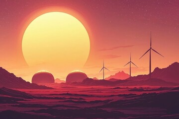 Alien Landscape with Large Sun and Wind Turbines