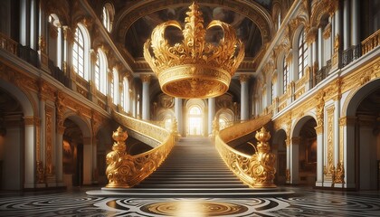 Golden crown over grand staircase in palace interior.