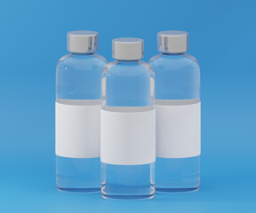 Transparent Bottle Design Mockup with Blue Backdrop, 3D rendering