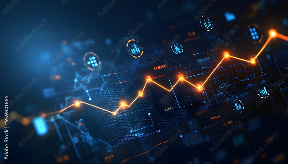 Wall mural abstract digital data visualization with a rising orange line graph