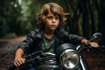 A young boy is sitting on a motorcycle with a leather jacket on