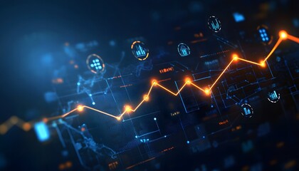 Abstract Digital Data Visualization with a Rising Orange Line Graph