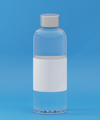 Transparent Bottle Design Mockup with Blue Backdrop, 3D rendering