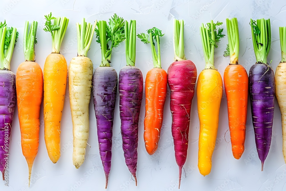 Aufkleber vibrant array of colorful carrots displayed on a light background