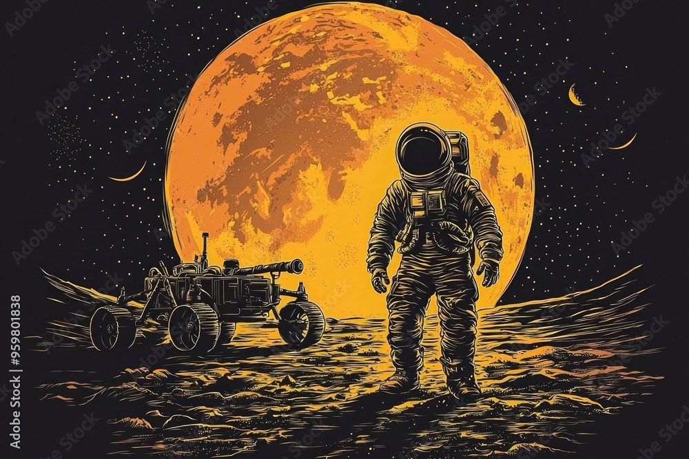Poster astronaut standing on a martian landscape with a rover and a large moon in the background