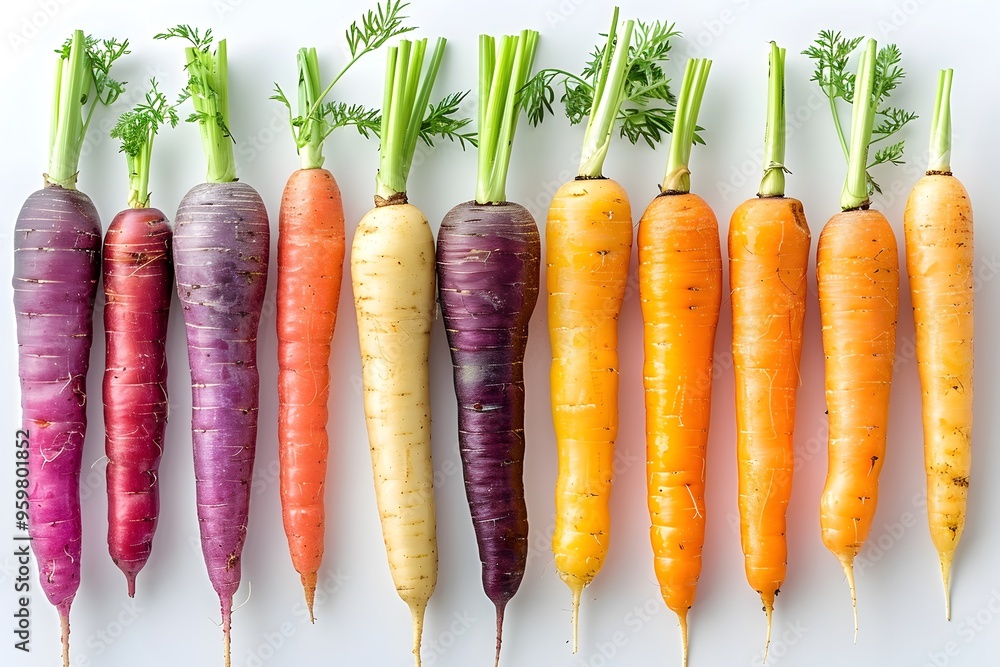Poster vibrant array of colorful carrots displayed on a white background