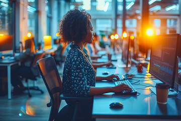 Young software developer programming on computer in busy office at night