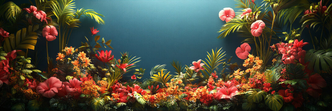 Lush Tropical Floral Arrangement in Various Hues against Dark Blue Background Creating Vibrant and Lively Jungle Setting