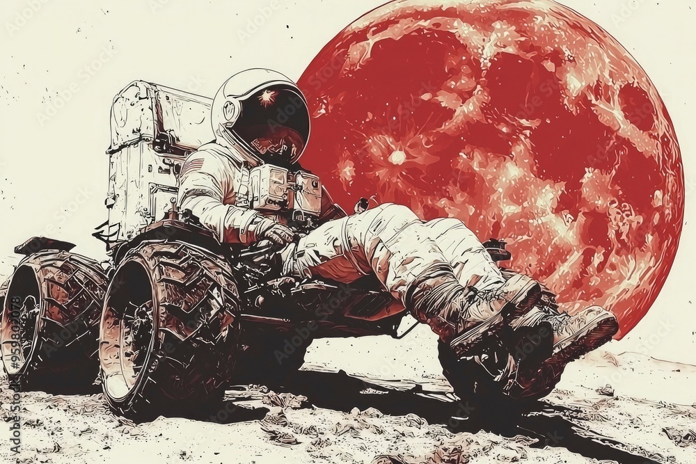 Poster astronaut in a lunar rover exploring a red planet
