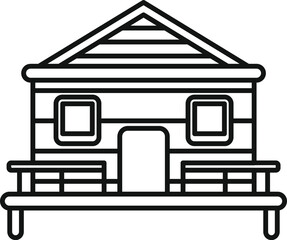 Simple line icon of a wooden bungalow with terrace, railing and windows, isolated on a white background